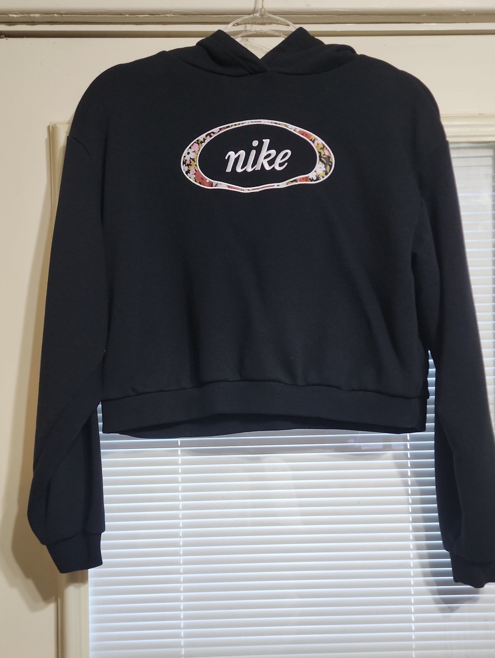 Nike Black Cropped Hoodie with Floral Logo Accent